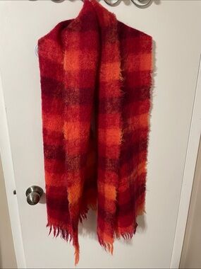 Vintage The Bay Red & Orange Plaid Mohair Wool Fringe Scarf